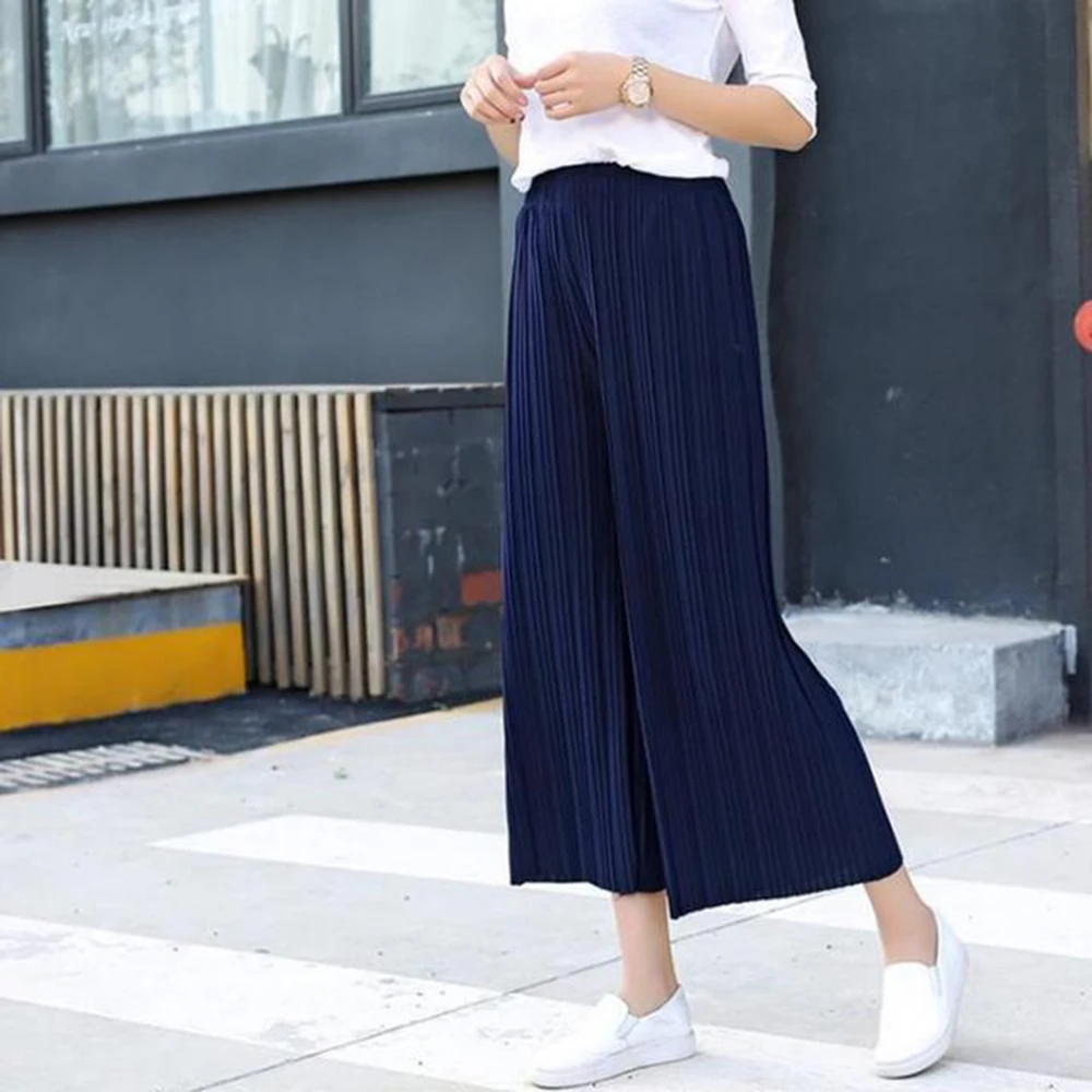 Female Fold Pleated Pants Summer Spring Black Casual Loose Elastic Waist High Pleated Wide Leg Women Chiffon Loose Pants