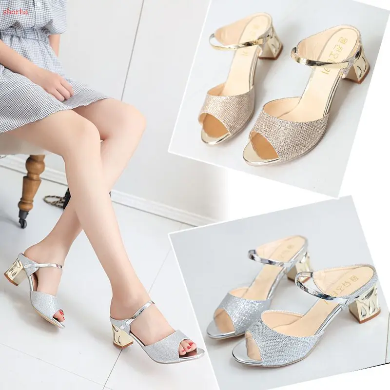 

New fashion Metal Square Heel Women Sandals Women Heel Shoes Gold Sliver Peep Toe Party Ladies Sandals Summer Sandals Woman