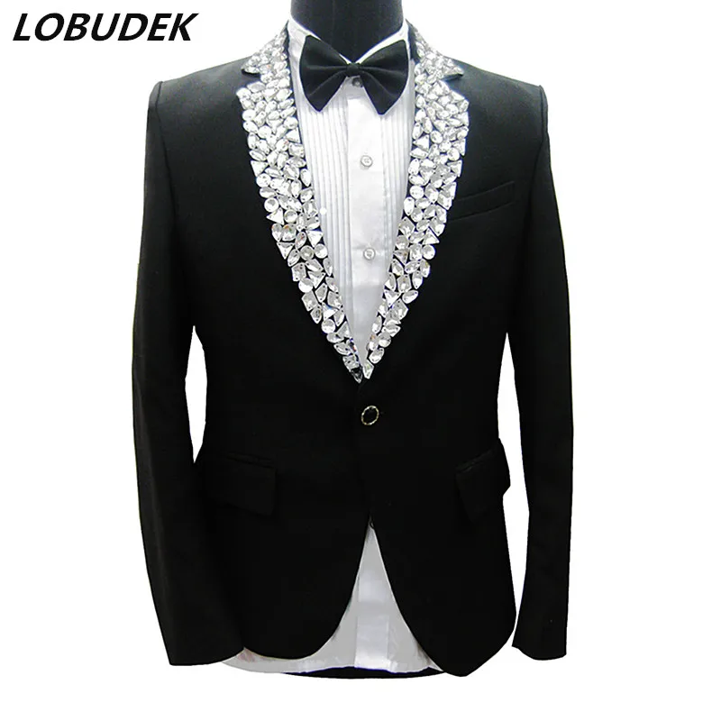 

Black Men's Jacket Sparkly Rhinestones Blazers Formal Groom Wedding Prom Party Male Singer Host Stage Performance Costume