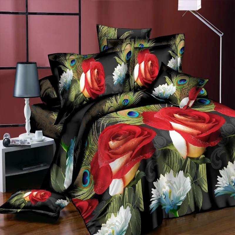 Home Textile Bedding Set 3D flowers Roses lilacs Pastoral style 4pcs Duvet Cover Sets Soft Polyester Bed Linen Flat Bed Sheet