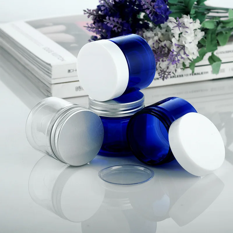 

30pcs/lot 50g Blue Color PET Cream Jars Cosmetic Packaging With Aluminum Lid Empty Clear Sample Bottle Jar Box with Plastic Lid