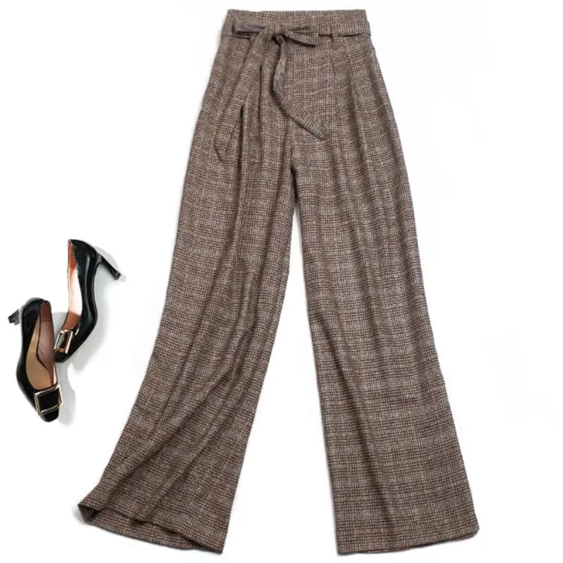 

autumn Winter warm Retro Plaid Wool Trousers Wide Leg Pants Zipper Full Length fashion straight pants