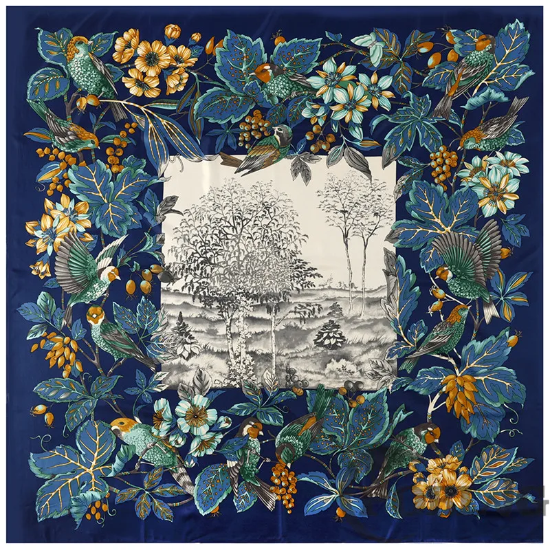 POBING Silk Scarf Women Large Shawls Floral Print Scarves Wraps Square Bandana Hillside NecKerchief Female Foulards 130CM