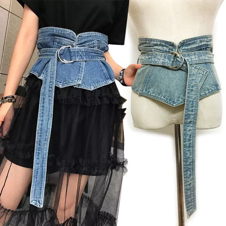 Korean Denim Jean Fabric Waist Belt For Women Wide Corset Belt Retro Design Front Tie up Waist Belt Girl Costume Dress Belts New