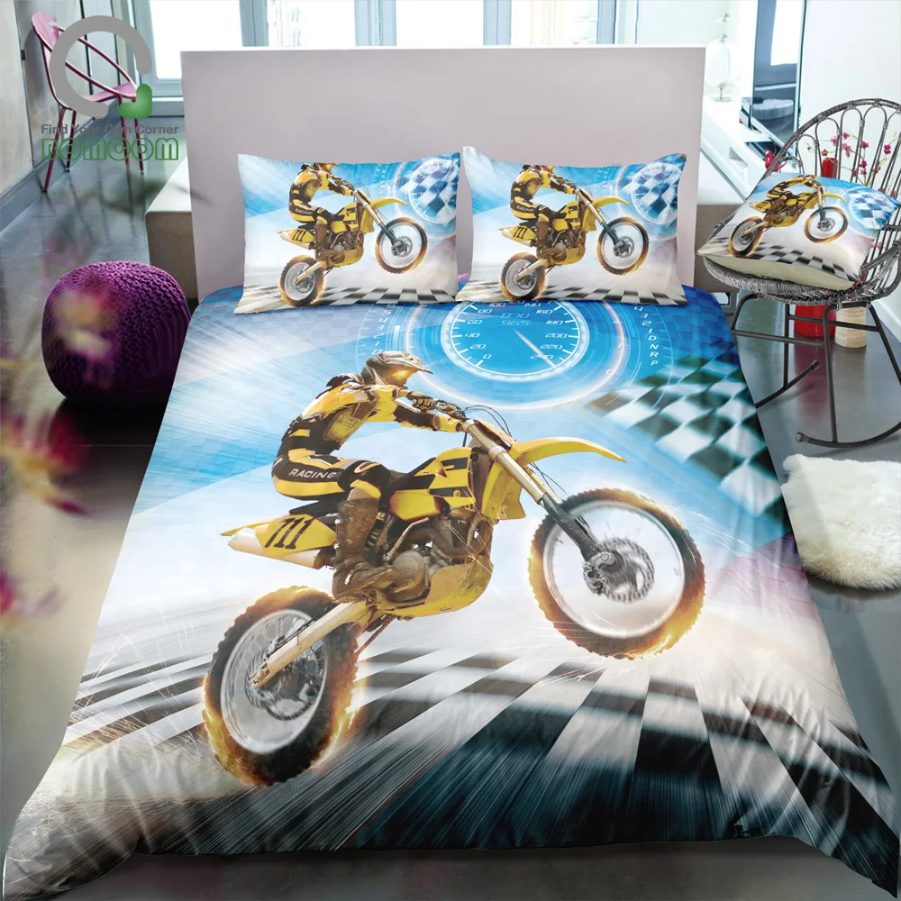 BOMCOM 3D Digital Printing bedding set motorbike rider with a clock starting line Duvet Cover Set 100% Microfiber