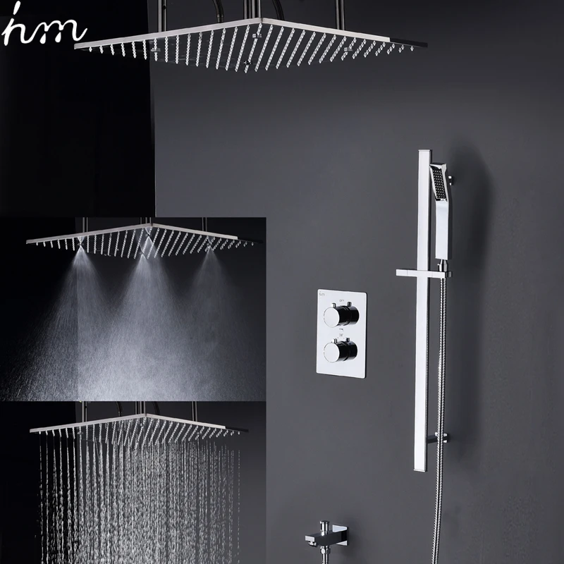 hm Bathroom Rain Shower System Set 304 Stainless Steel Mist Rainfall Shower Head Panel Thermostatic Mixer Faucet with Side Bar