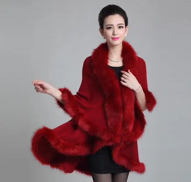 New Fashion Noble Long Wool Cashmere Imitation Fox Fur Collar Trim Coat Women Cardigan Faux Fur Poncho Shawl cape D1649