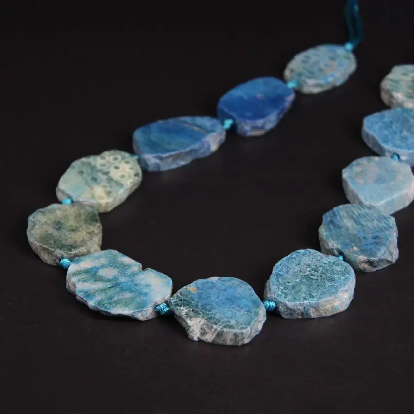 

New!!! 11-13PCS/strand Blue Coral Jades Fossils Raw Slab Nugget Beads,Ocean Chrysanthemum Stone Agates Slice Pendants Jewelry