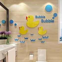 Pegatinas de pared de espejo acrílico de pato amarillo de dibujos animados para habitación de niños, decoración de pared de arte DIY, decoración del hogar, decoración de pared de baño