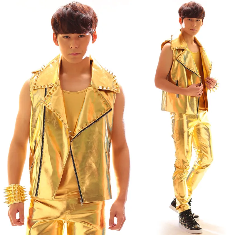 

Jazz Dance Costumes Men Gold Zipper Jacket Pants Set Male Hip Hop Dance Costumes Fashion Party Stage Clothing Outfit DT783