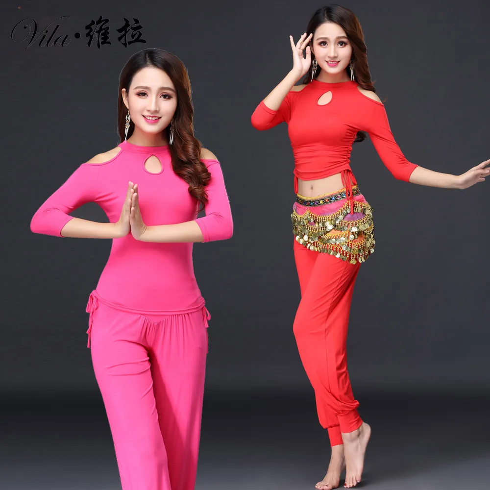 Spring New Design Women Belly Dance PracticeCostume Long Sleeve top ,Pants & Coin Belt Belly Dancing Cloth For Belly Dance