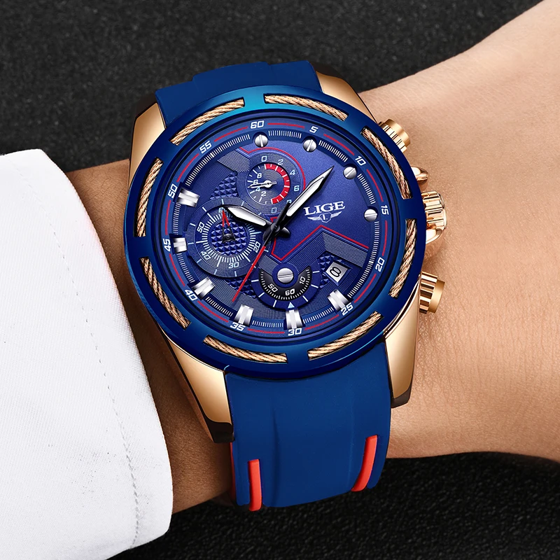 LIGE New Men Watches Top Brand Luxury Blue Silicone Strap Waterproof Watch Sport Chronograph Quartz WristWatch Relogio Masculino