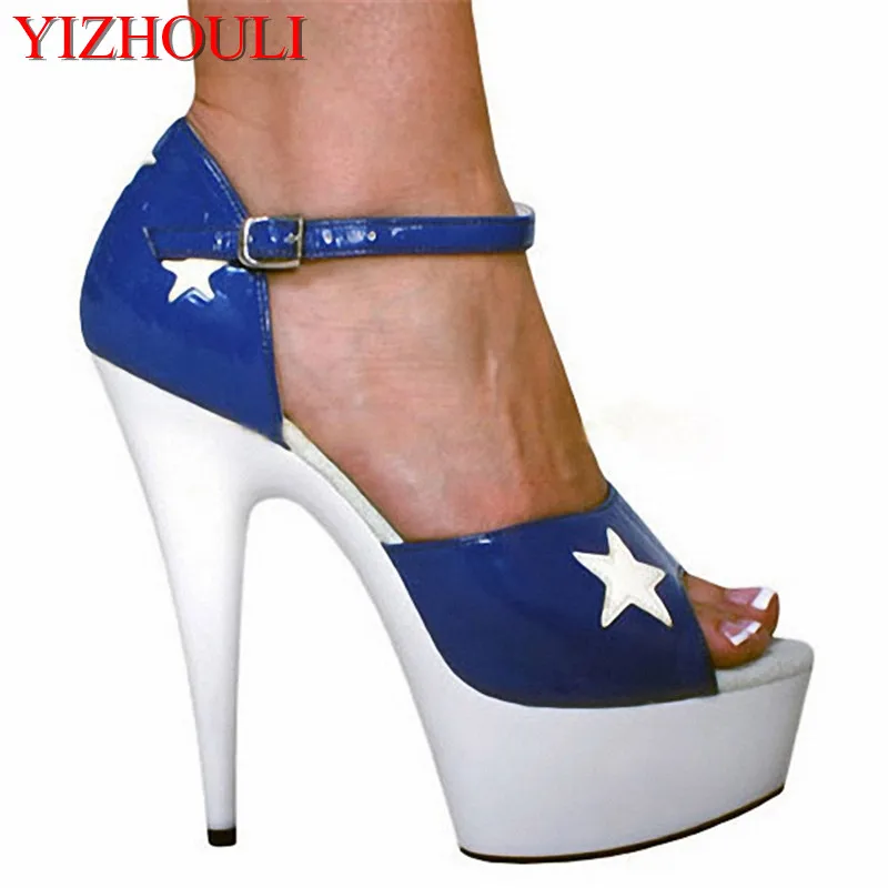 Gorgeous color matching new Roman sandals 15 cm high shoes shows Blue, printing five-pointed star decoration