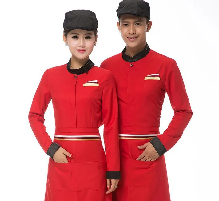 Hotel Waiter Work Clothing Fall and Winter Women Restaurant Long Sleeve Uniform Mens Blue Hotpot Staff Work Shirt+Apron 2pcs Set