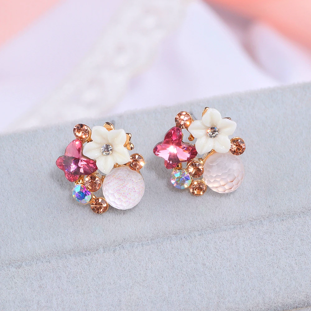 New Korean Style Colorful Crystal Flower Stud Earrings For Women Girls Fashion Summer Accessories Elegant Sweet Earrings WX132