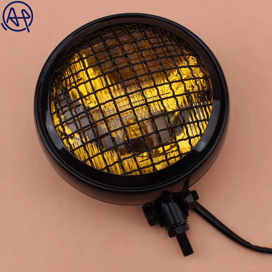 Motorcycle Old School Vintage Metal Retro Front Hi-Lo H4 Headlight Clear/Amber Lens+Grill Mask Black/Chrome For Harley Chopper