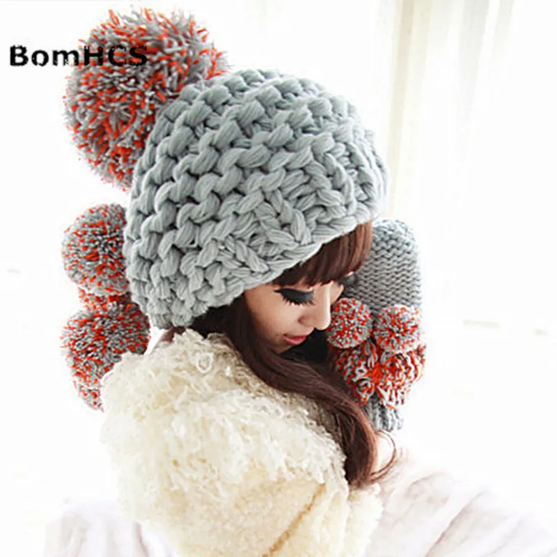 BomHCS Lovely Women\'s Beanie & Gloves Winter Warm Knit Handmade Hat Caps with Soft Poms