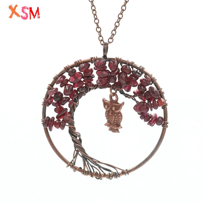 xinshangmie Bronze Color Natural Garnet The Tree of Life and Small Owl Pendant Necklace Women Charm Jewelry 1Pcs