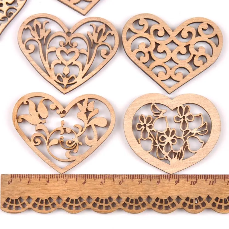 mixed carved Heart Vintage HandMade Natural Wooden Scrapbooking Diy Craft Home decoration handcraft 10pcs MT1842