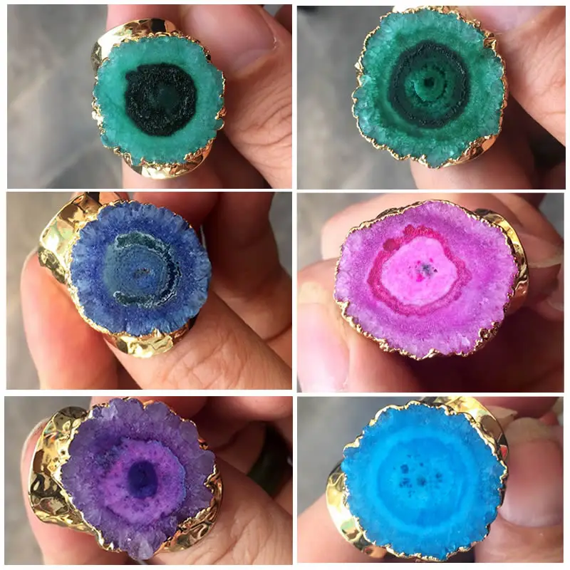 

Fashion punk style mens rings Gold Color rainbow sun flower stone quartz stone ring charm jewelry wholesale 5PCS