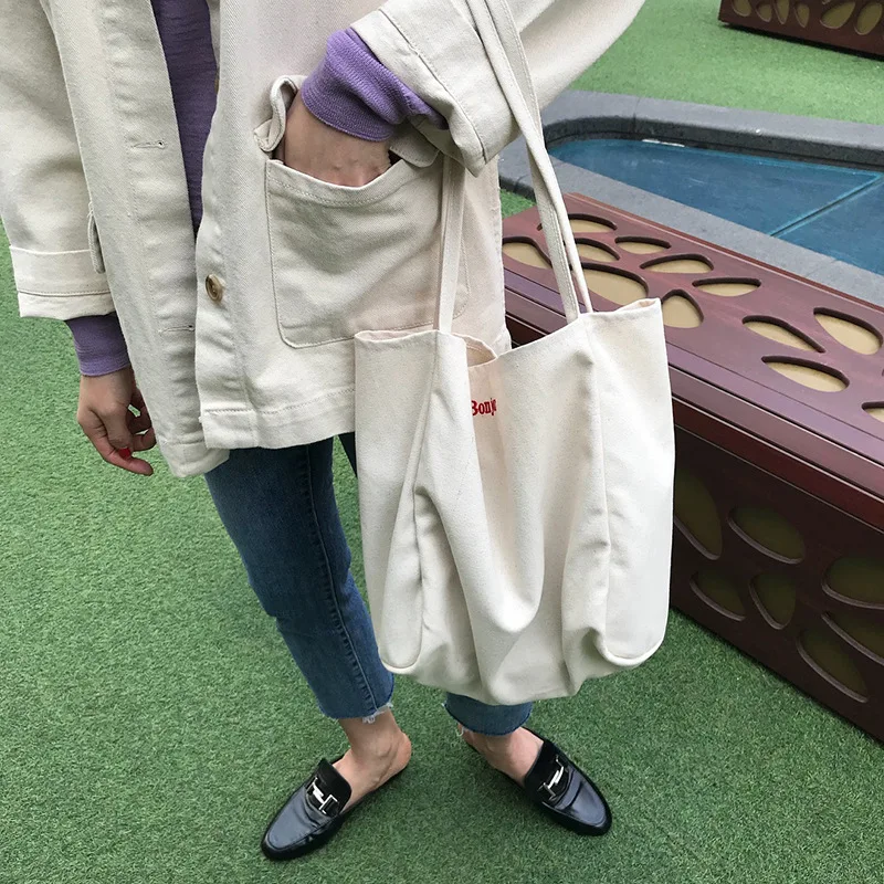 Youda Women Canvas Totes Simple Letter Printing Handbags Shoulder Bag Large Capacity Portable Shopping Bags for Lady Girls
