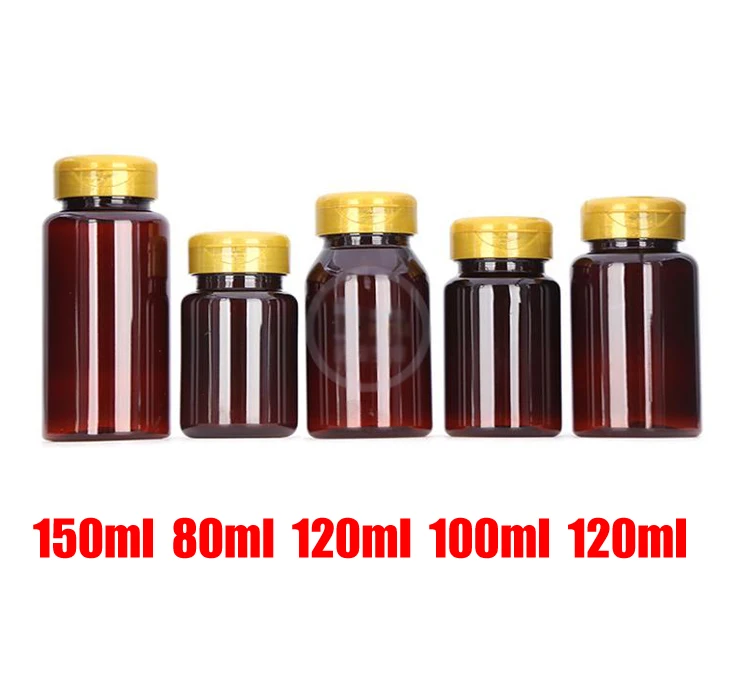 

100pcs Amber Color PET Medicine Bottles,Capsules/Pills/Powder/Vitamin Plastic Bottles -- Golden Flip Cap 80ml/100ml/120ml/150ml