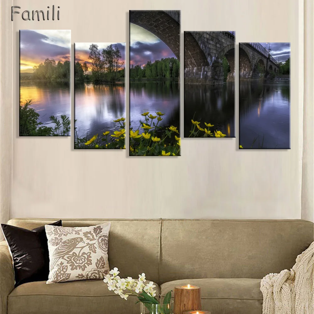 5Panel norway lofoten islands mountains rocks snow bay nature landscape living room home wall art decor wood frame fabric poster