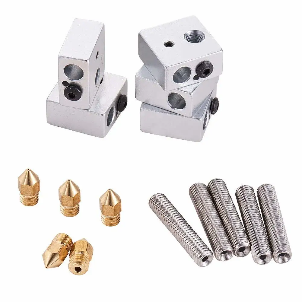 30mm Throat Tube + 5pcs 0.4mm Brass Extruder Nozzle + 5pcs Heater Blocks Hotend For Mk8 Makerbot Anet A8 3d Printer