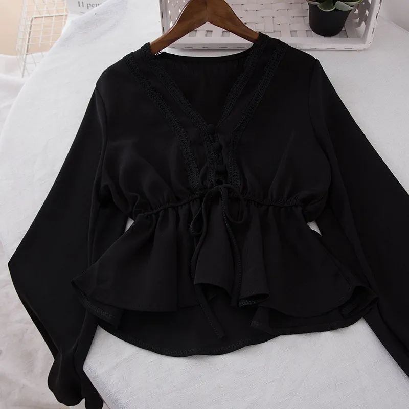 Spring Women Hollow Out Blouse Sweet Ruffles Lace Shirts Female Long Sleeve Blouses Sexy V-Neck Tie Bow Shirt Short Tops AB1243