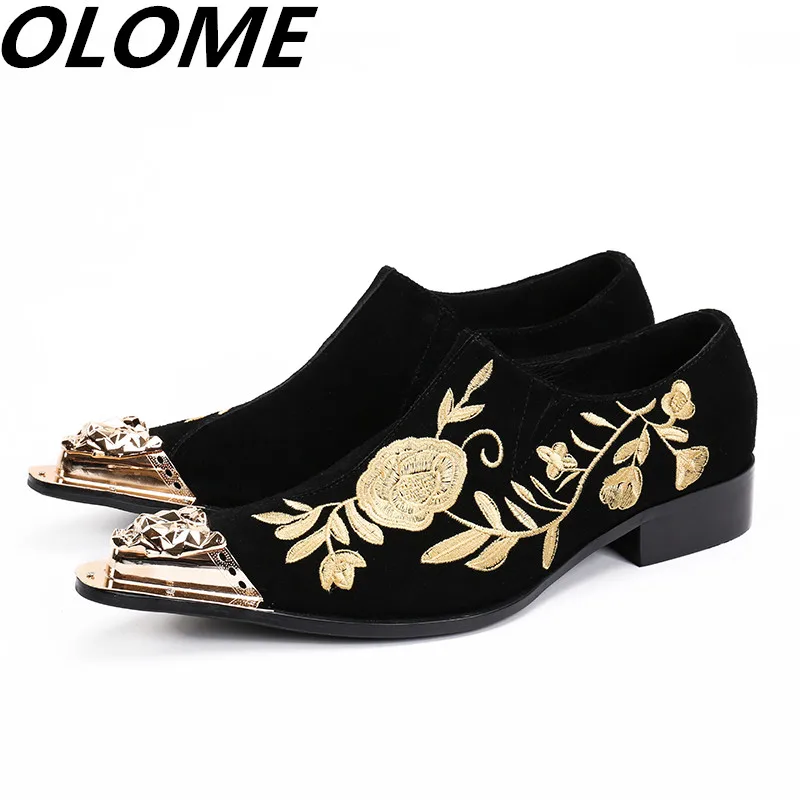 

Red black wedding genuine leather shoes men elegant gold iron toe spiked loafers velvet slipper floral embroidery italian oxford