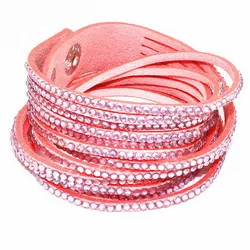 Fashion Handmade Wide Pink Leather Women Men Cuff Bracelet Size Adjustable