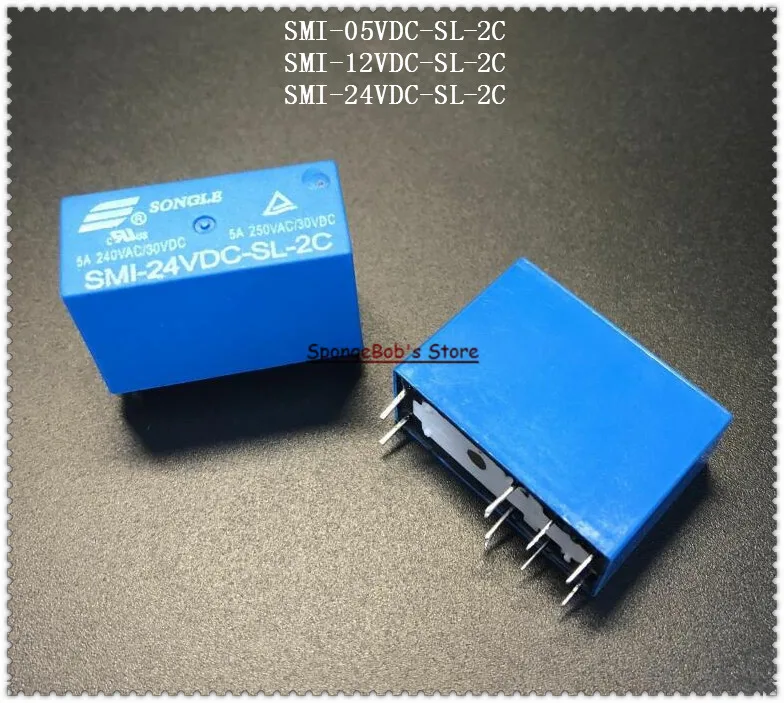 2pcs/Lot SMI-05VDC-SL-2C / SMI-12VDC-SL-2C / SMI-24VDC-SL-2C SONGLE Power Relay 8Pins 5V 12V 24V 5A 250VAC/30VDC PCB Type