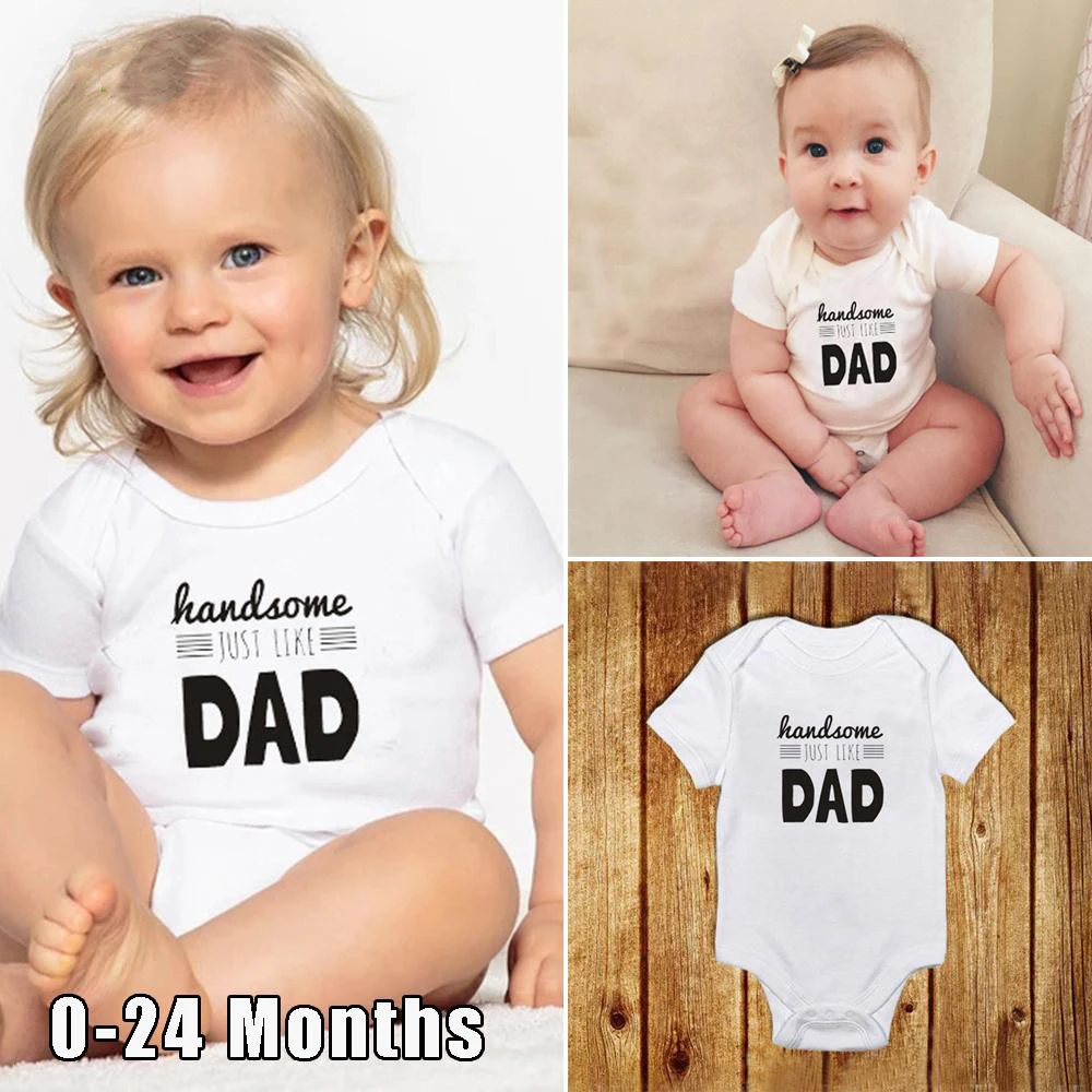 

Handsome Just Like Dad Letter Print Summer Newborn Kids Bodysuit Baby Boy Jumpsuit Short Sleeve Toddler Outfits