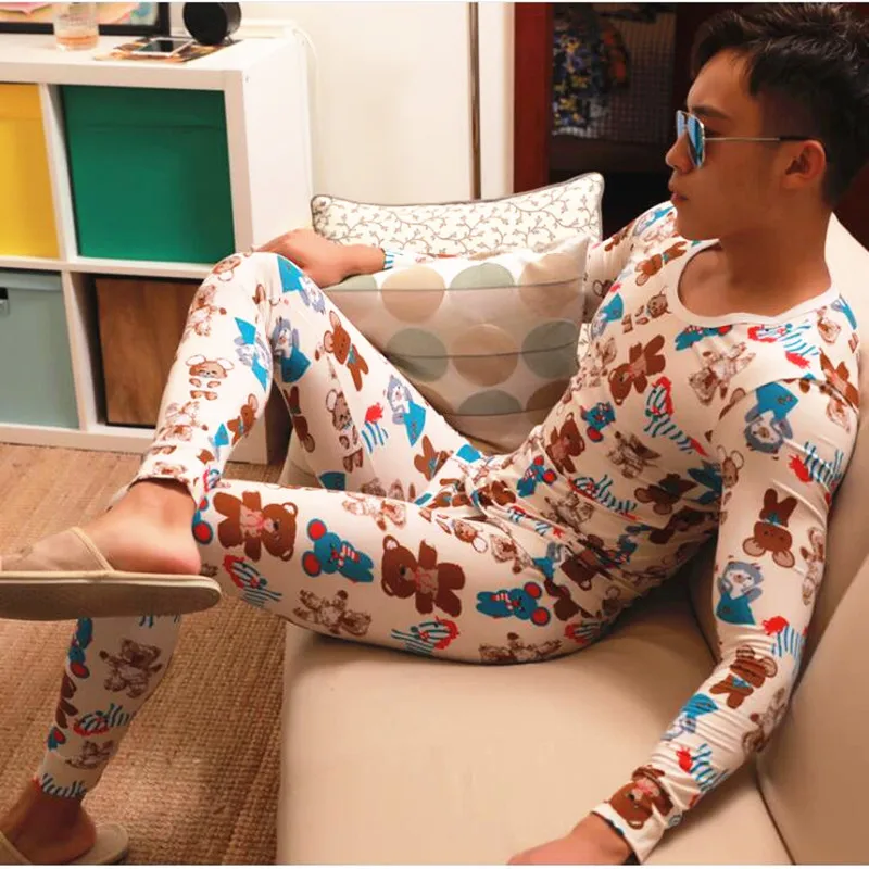 New AIBC men\'s long johns set cotton legging autumn and winter thermal underwear printed Long Johns set