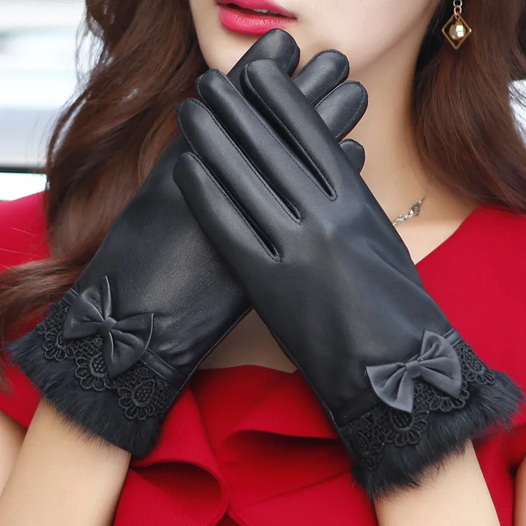 Lady Leather Warm Gloves Female Warm Mittens Bow Tie PU Leather Gloves Winter Gloves Luva Feminina Velvet Warm Gloves B-9197