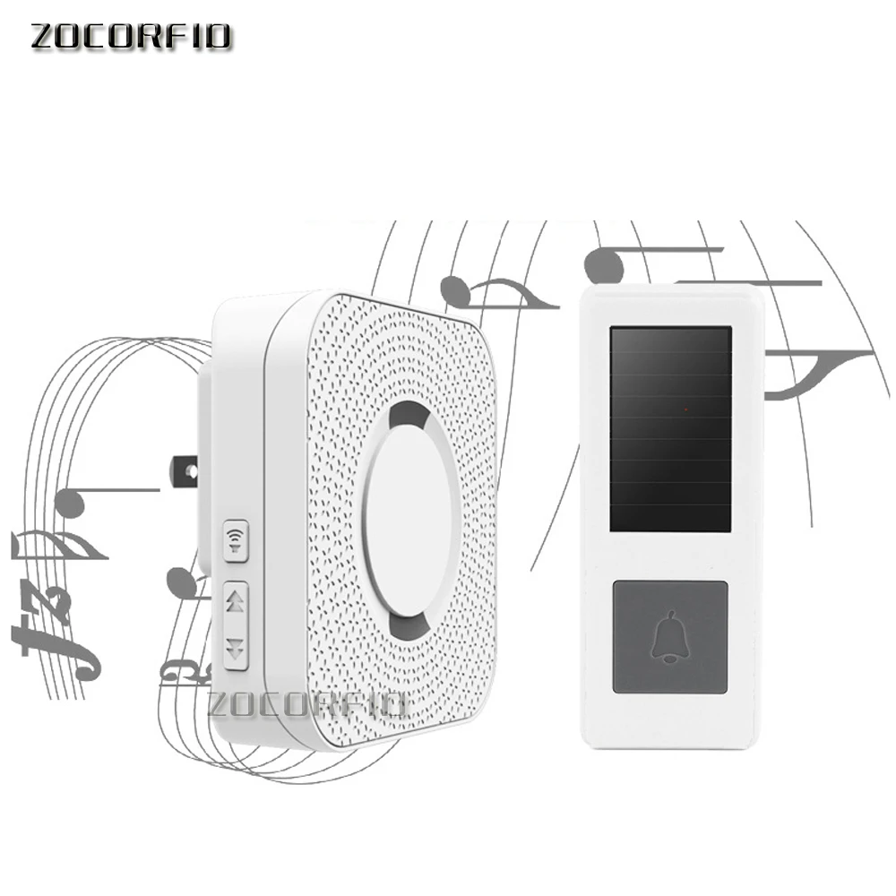 10sets/lot Wholesale 300M range Solar power Wireless Doorbell with AC220V Plug 52 Melody White Waterproof Door bell