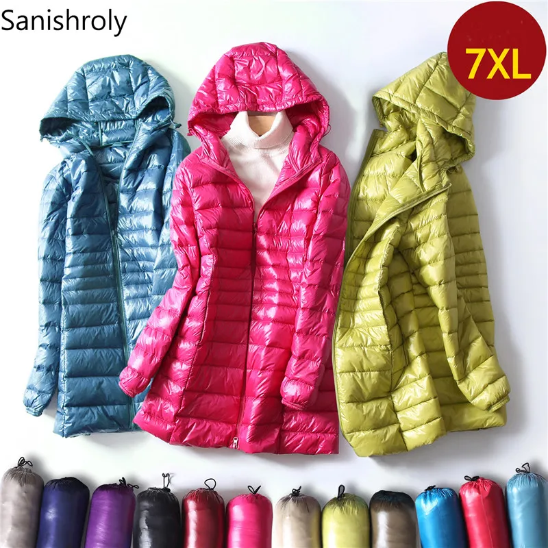 

Sanishroly S-7XL 2018 Women White Duck Down Jacket Hooded Ultra Light Down Coat Parka Female Midi Long Outerwear Plus Size SE256