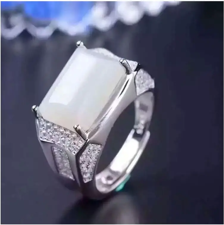 

Free shipping Natural Hetian White Jade Ring 925 sterling silver Wholesales Fine jewelry Natural Hetian White Man Jade 10*12mm