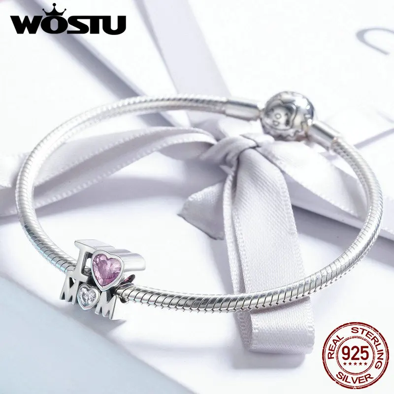 WOSTU Hot Sale 925 Sterling Silver I LOVE MOM Pink CZ Beads fit Original Charm Bracelet Necklace Jewelry Mother Day Gift CQC579