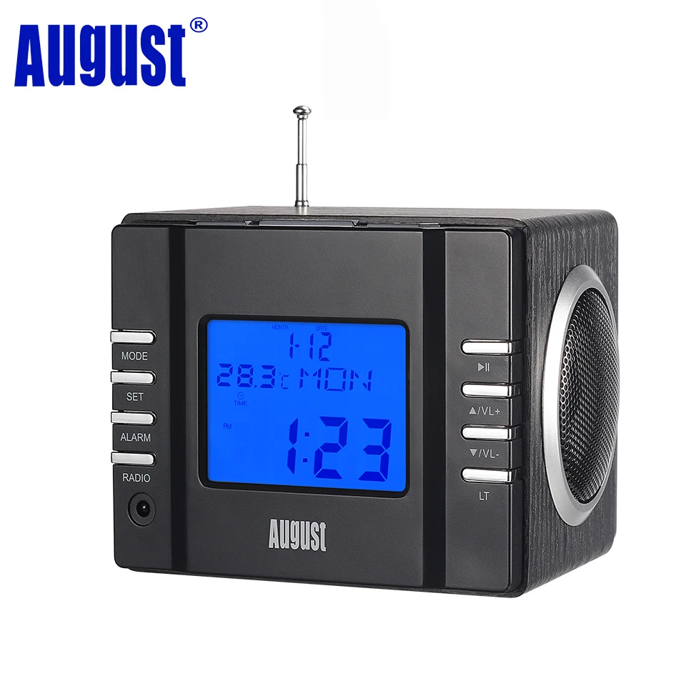 

August MB300H Mini Wood FM Clock Radio Receiver with MP3 Stereo System 2 x 3W HiFi Loud Speaker with SD Card/USB IN /AUX IN