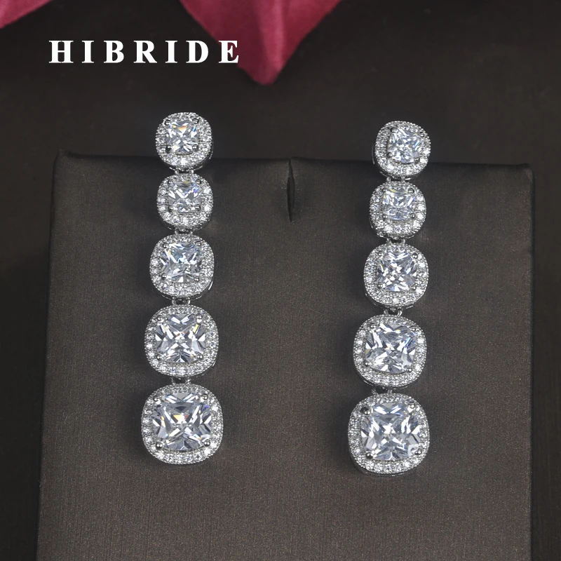 HIBRIDE Brilliant Crystal Round Cut CZ Stone Clear Long Drop Earrings Women Bride Party Jewelry brincos para as mulheres E-665