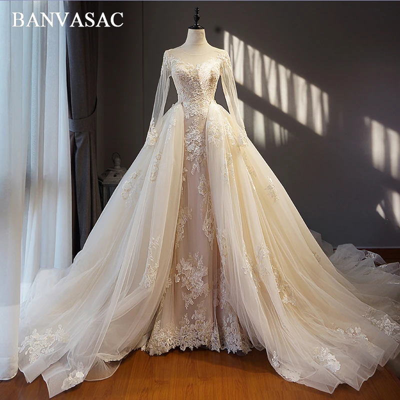 BANVASAC-vestido de novia de manga larga con encaje, fotos reales, cuello redondo, tren de la catedral bordado, 2018