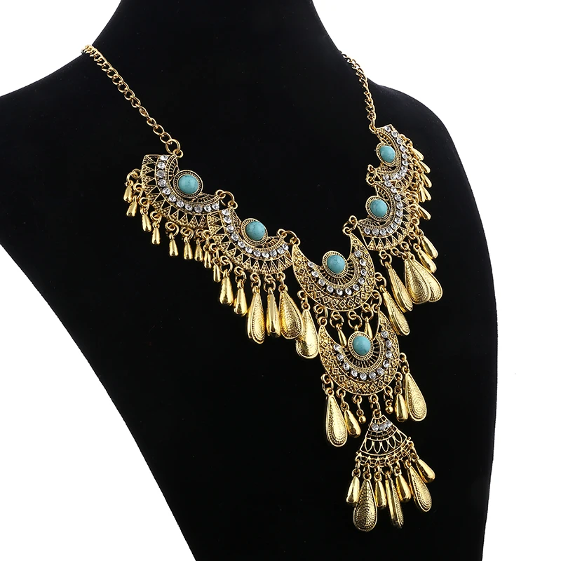 Fashion Collier Femme Bijoux Bohemian Choker Statement Necklace Crystal Collar Vintage Beads Drop Tassel Maxi Long Necklace