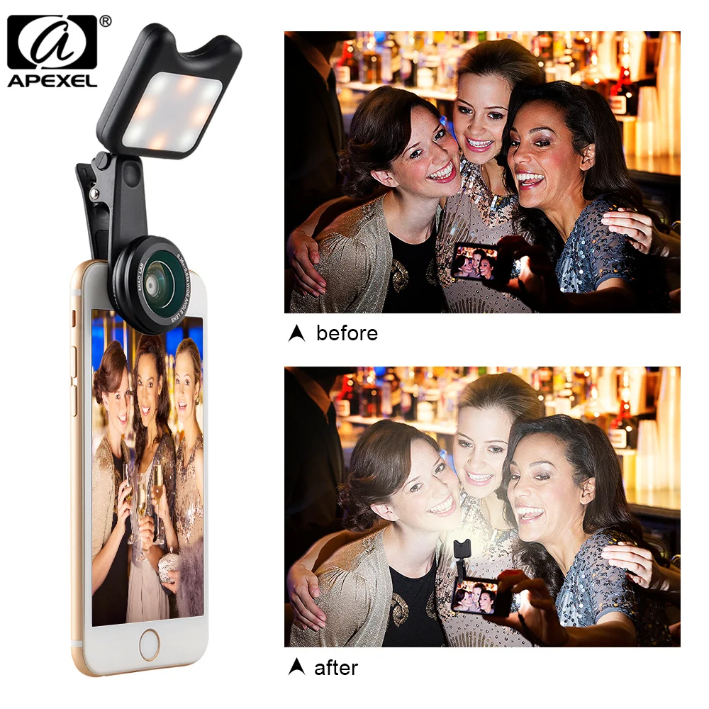 APEXEL LED Selfie Light Fill-in light +0.36X Wide Angle Lens + 15X Macro Lens Kit For iPhone Samsung phones
