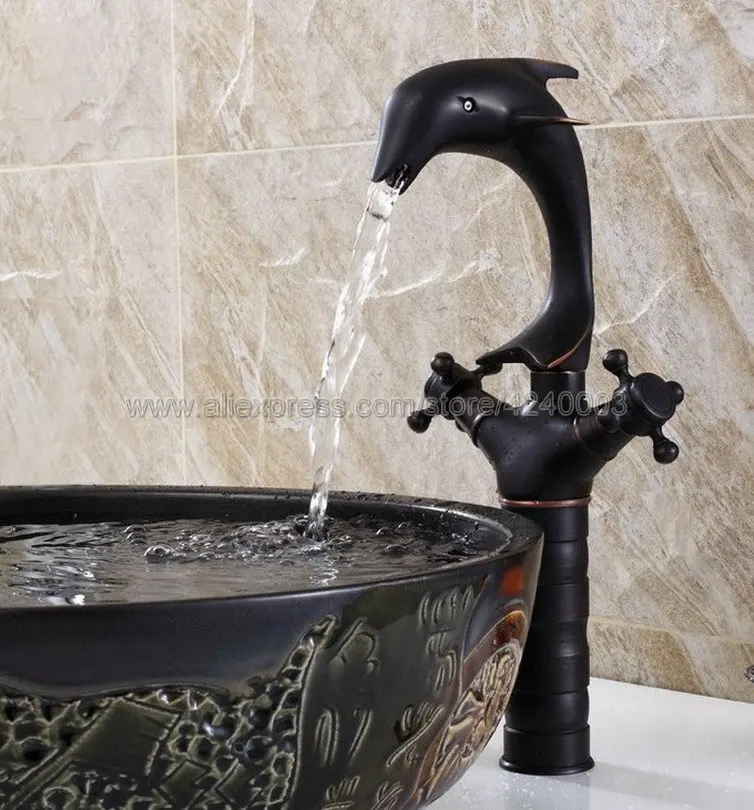 Dolphin Style Basin Faucet Black Brass Bathroom Vessel Sink Faucet - One Hole / Double Handle Deck Mounted Knf315