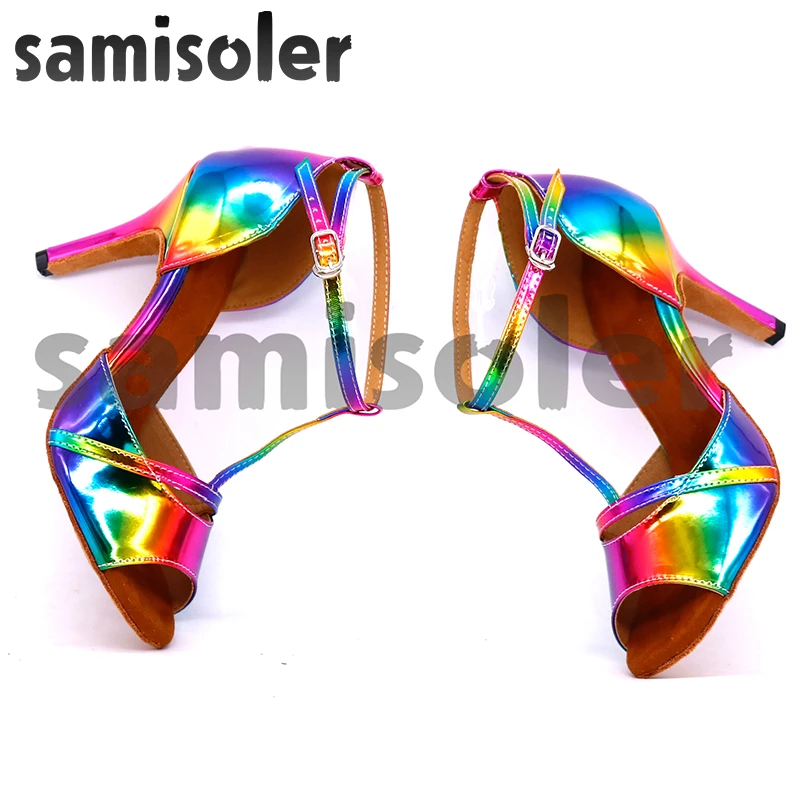 Samisoler Latin Dance Shoes Rainbow Colors bright PU Women\'s Salsa elegant Ballroom dancing shoes soft tango dance shoes heel