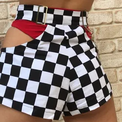 Sexy Women Hollow Out Metal Buckle Hot Shorts High Rise Skinny Plaid Shorts Femme Rock Mini Shorts Casual Pantalon Mujer S-2XL