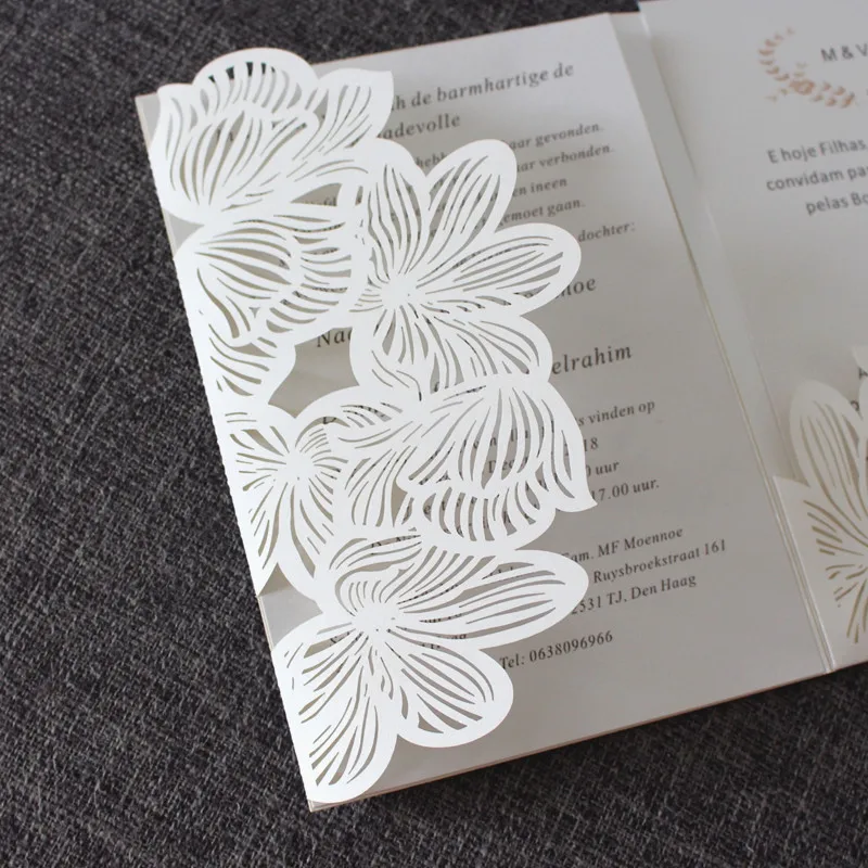 Ivory Invitations for Wedding, Birthday, Engagement Greeting Cards, Flower Laser Cut Pocket Paper Invite, Custom Supply