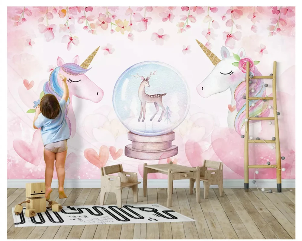 

beibehang New Fashion Personality Decorative Painting Stereo Watercolor Unicorn wall papers home decor wallpaper behang