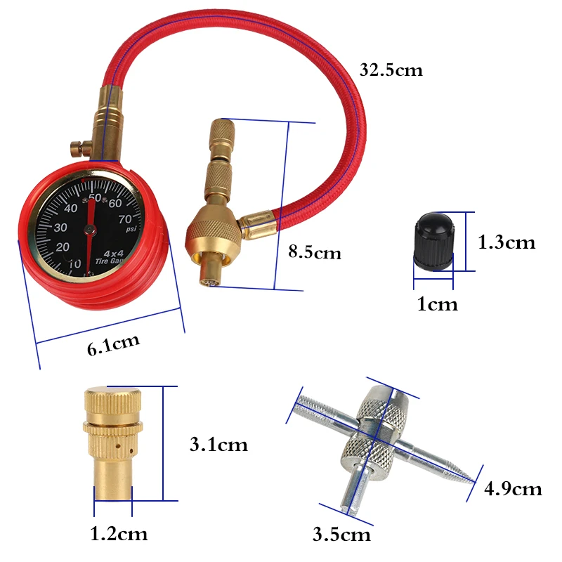 Red Mechanical Pointer Tire Pressure Gauge Tyre Deflator Kit with 4 Valve Cap for Automobile Cars Trucks